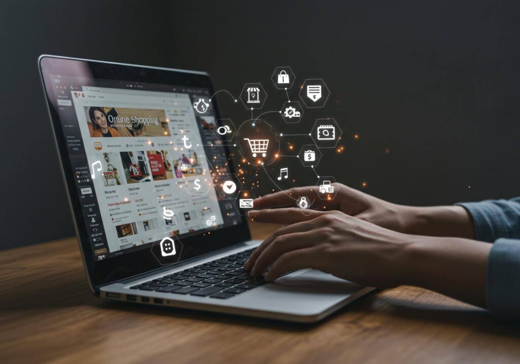 Hands typing on a laptop displaying an online shopping site, with digital icons representing social media, sales, and e-commerce floating above—illustrating how to convert social activity into actual sales.