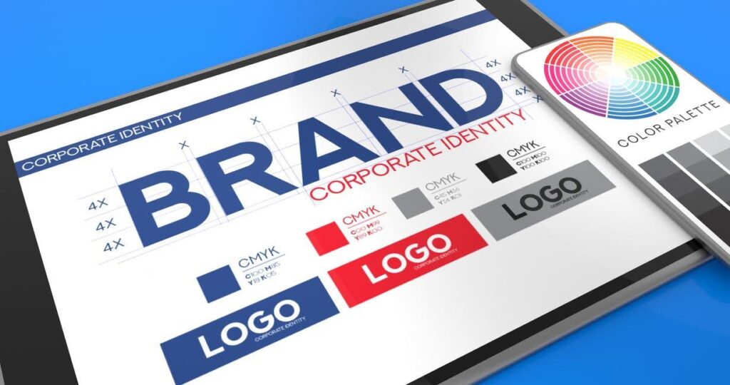 A digital tablet screen displaying branding elements like logo design, CMYK color codes, and a color palette wheel—representing the components of corporate identity and the strategic choice between branding and lead generation.