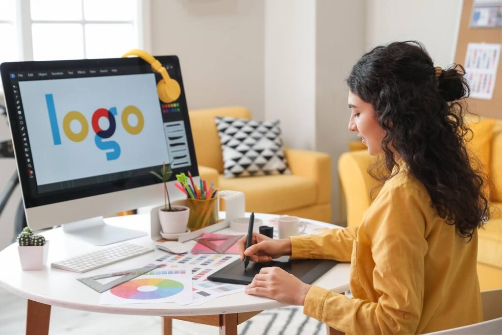 A graphic designer works at her desk with design tools and a computer screen showing a colorful logo, representing creative briefing without clear direction.