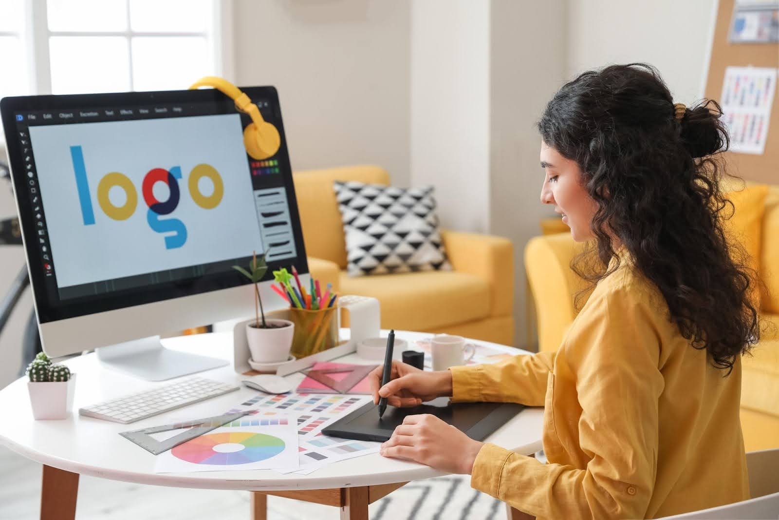 A graphic designer works at her desk with design tools and a computer screen showing a colorful logo, representing creative briefing without clear direction.