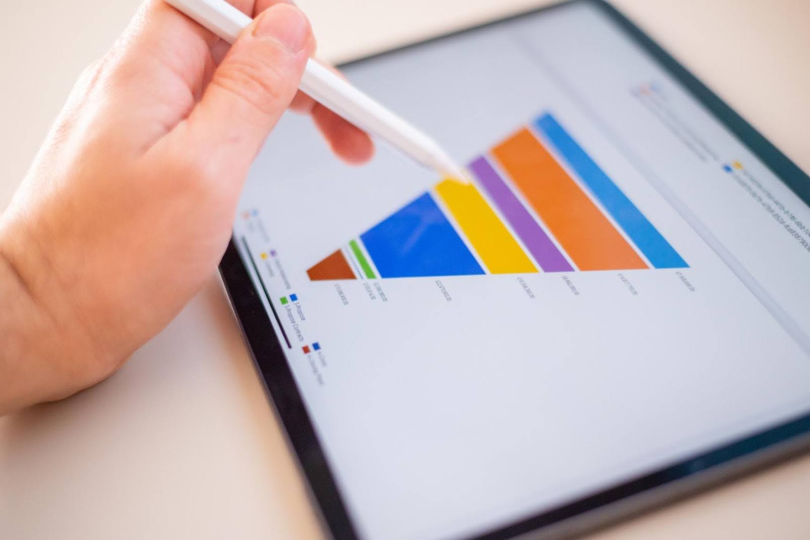 Hand using a stylus to analyze a colorful funnel chart on a tablet, illustrating the invisible funnel strategy for lead generation.