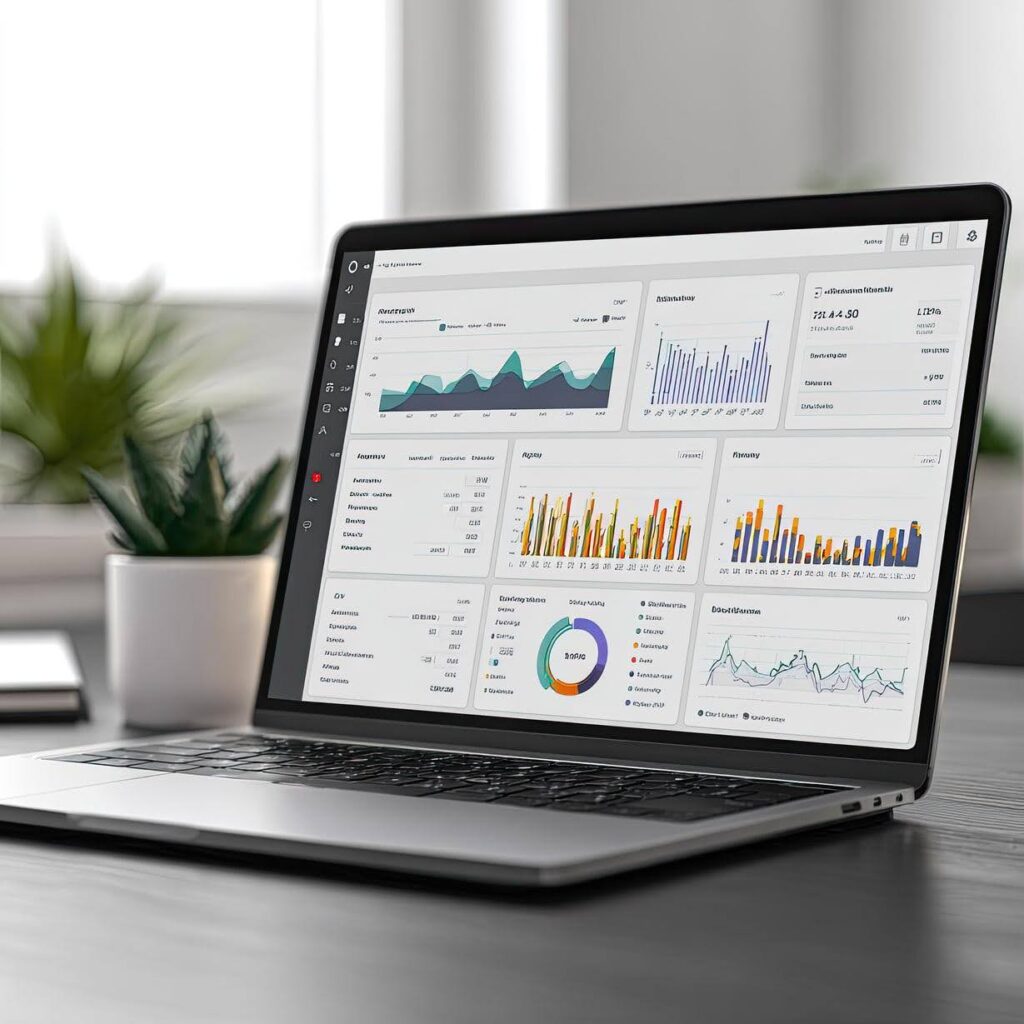 Tech Fellow showcases analytics dashboards on a laptop screen, comparing mobile vs. desktop analytics data, bounce rate trends, and user behavior metrics for digital marketing insights.