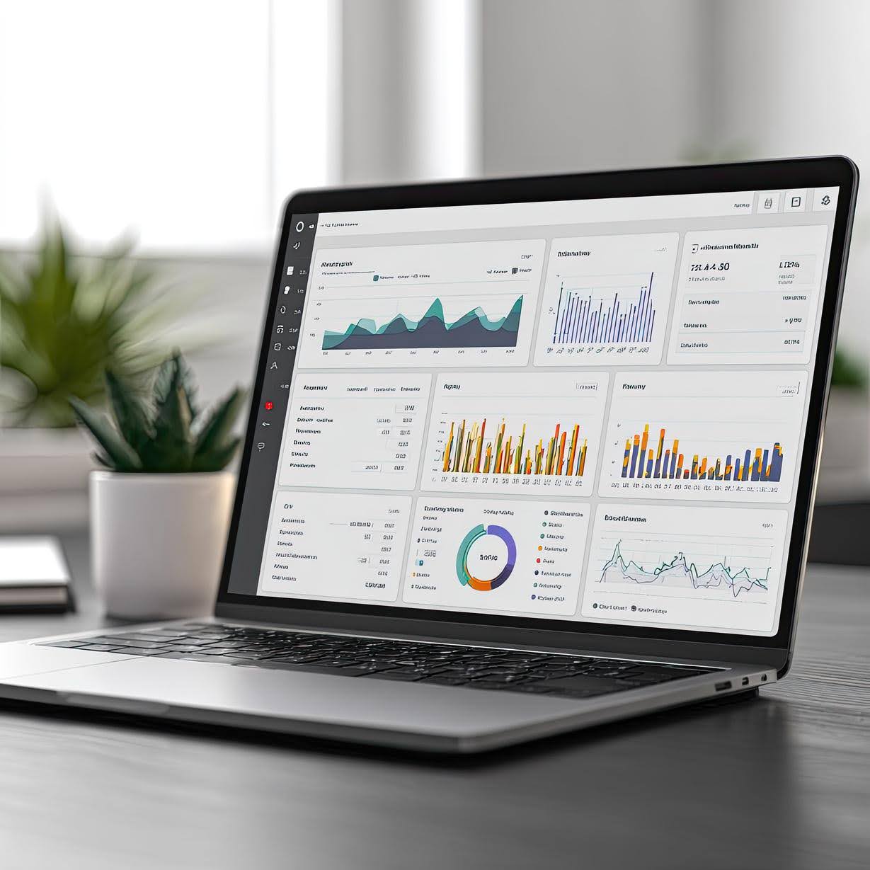 Tech Fellow showcases analytics dashboards on a laptop screen, comparing mobile vs. desktop analytics data, bounce rate trends, and user behavior metrics for digital marketing insights.