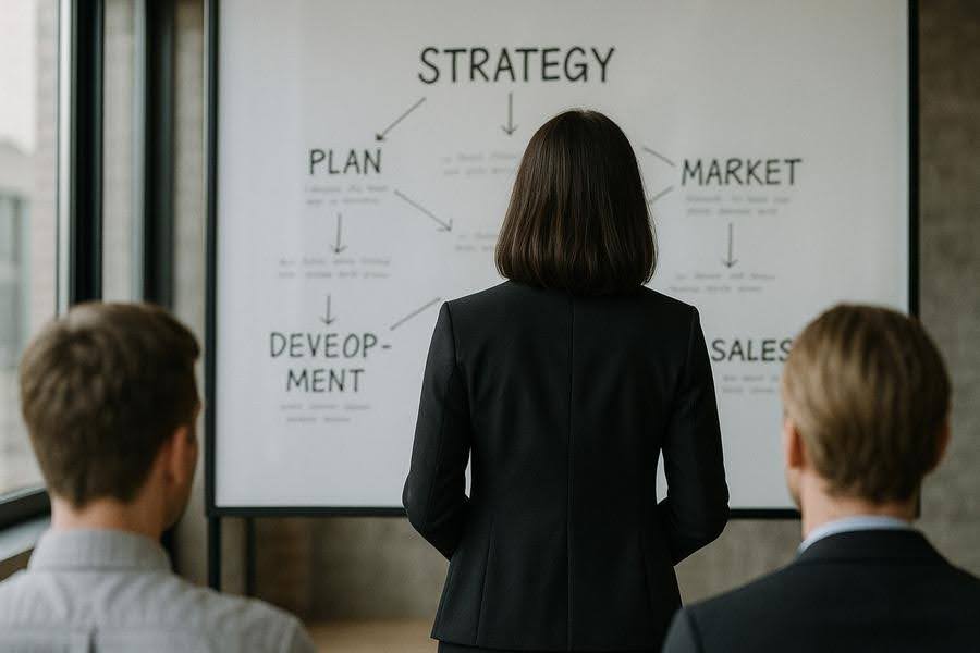 Tech Fellow marketing expert presenting a strategy plan on a whiteboard illustrating how to grow a business through brand development and lead generation.