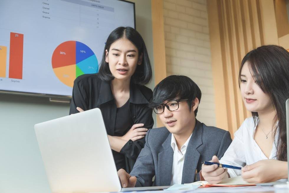 Business professionals reviewing performance charts and branding strategies on a laptop, highlighting how digital marketing builds brand credibility and customer trust.